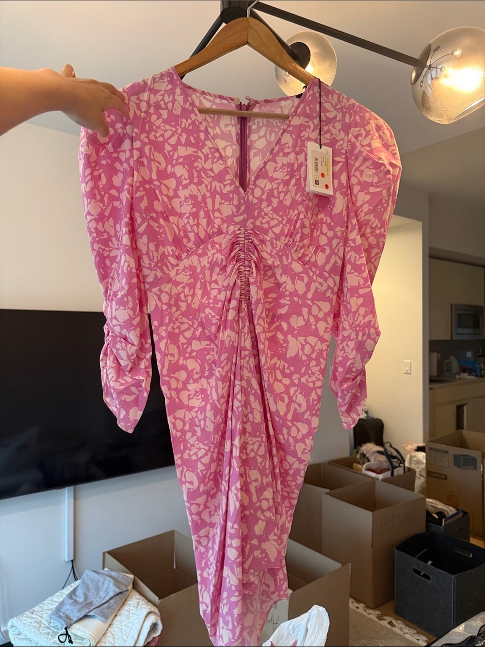 Isabel Marant Short Pink Floral Ruched V-Neck Dress